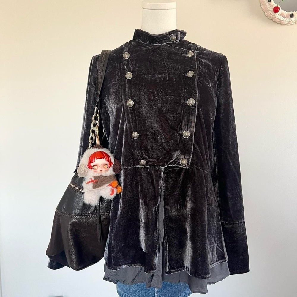 Free People Black Velvet Military-Style Peplum Blazer